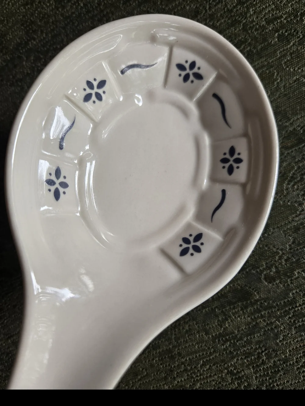 Longaberger Pottery Ceramic Spoon Rest - White with Blue Floral Accents